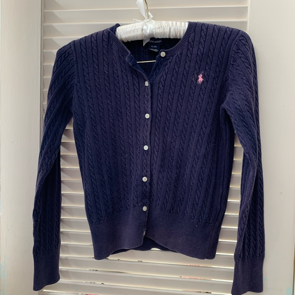 Ralph Lauren Navy Cable Knit Cardigan with Pink Pony